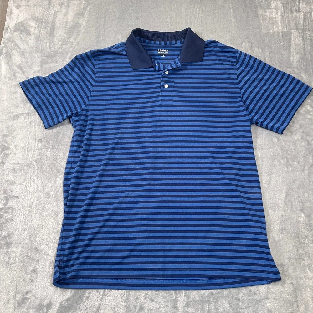 Brooks Brothers Mens XL Blue Striped Short Sleeve Polo Shirt Golden Fleece Logo